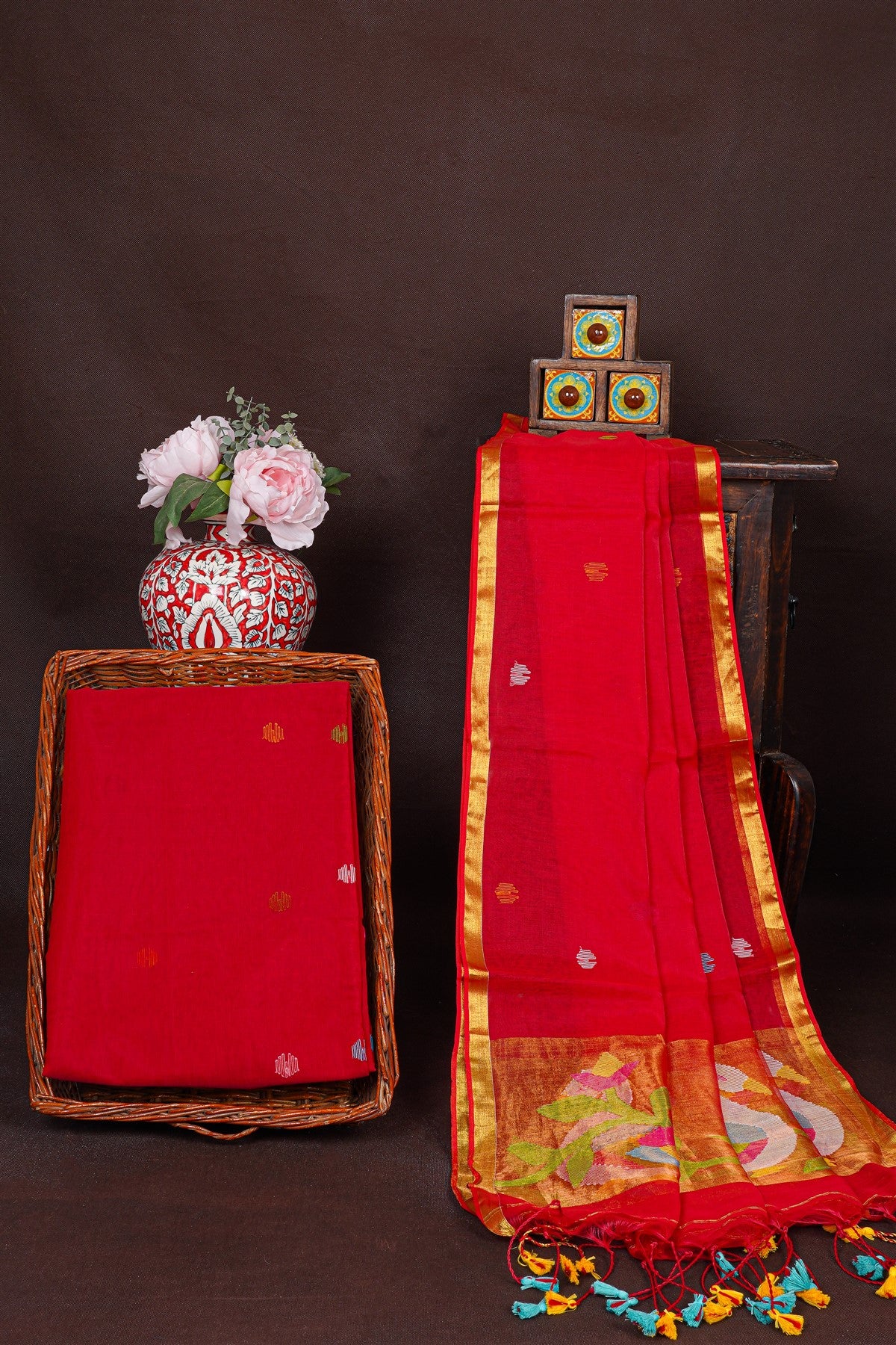 Mul Chanderi Red Jamdani Dress Material