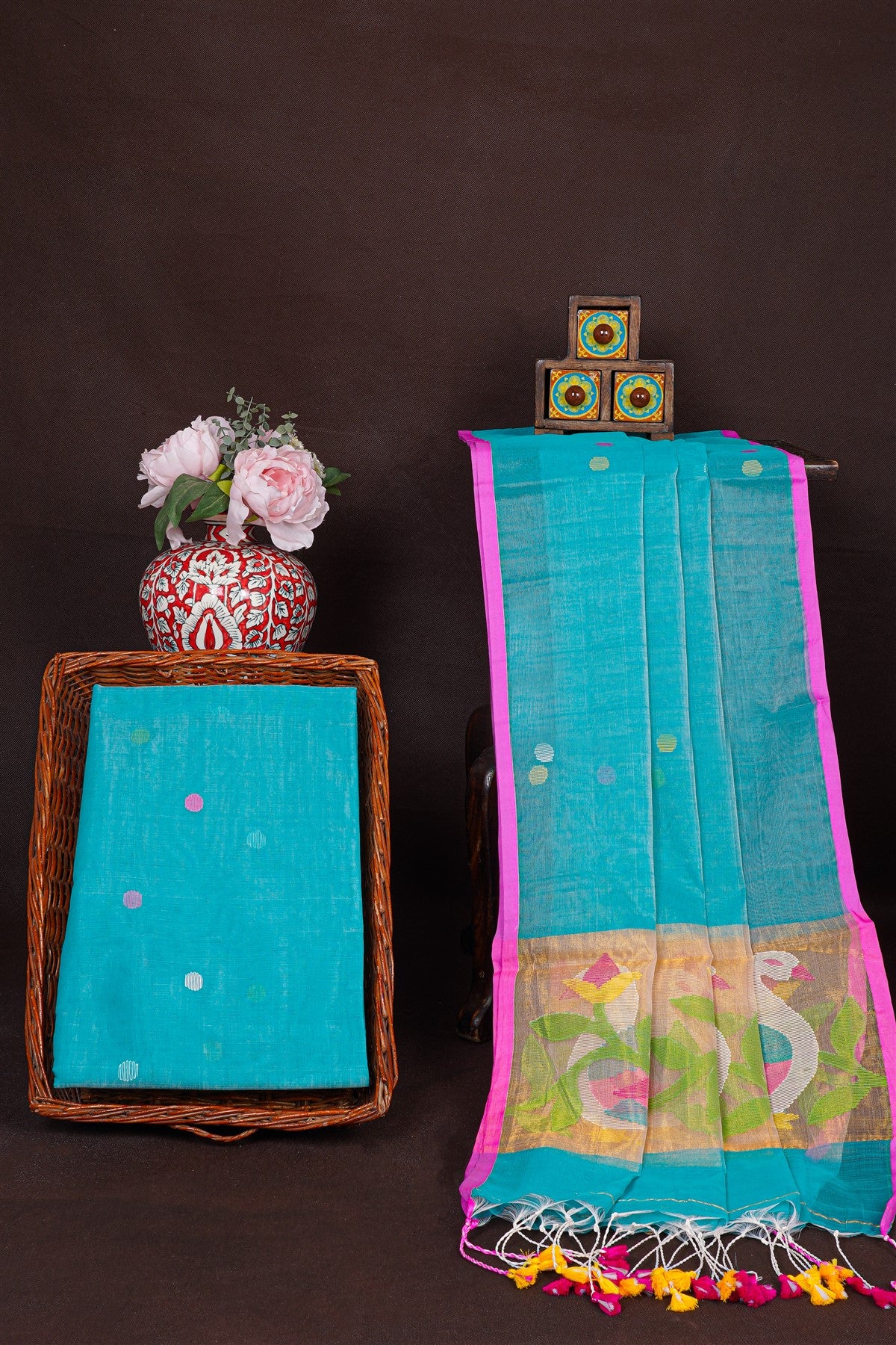 Mul Chanderi Sea Blue Jamdani Dress Material