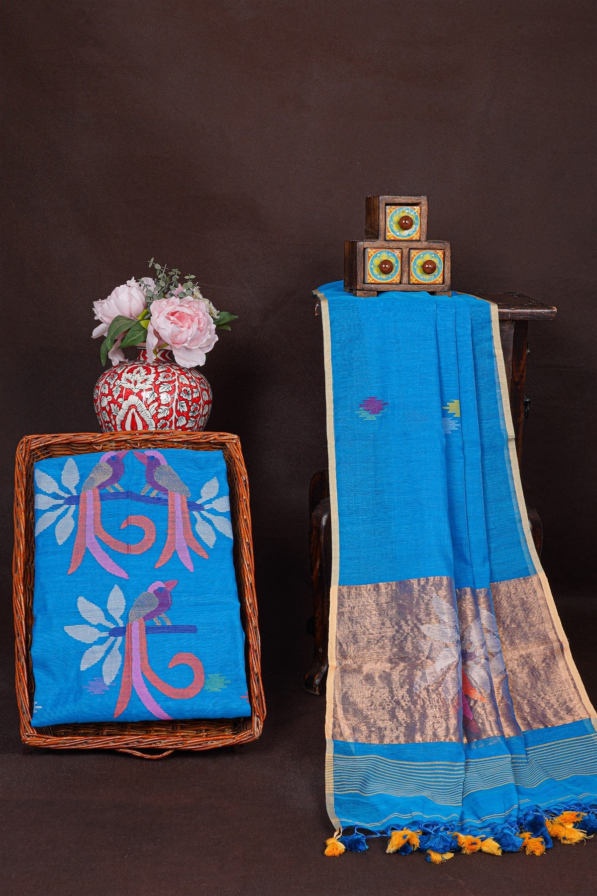 Chanderi Blue Jamdani Dress Material