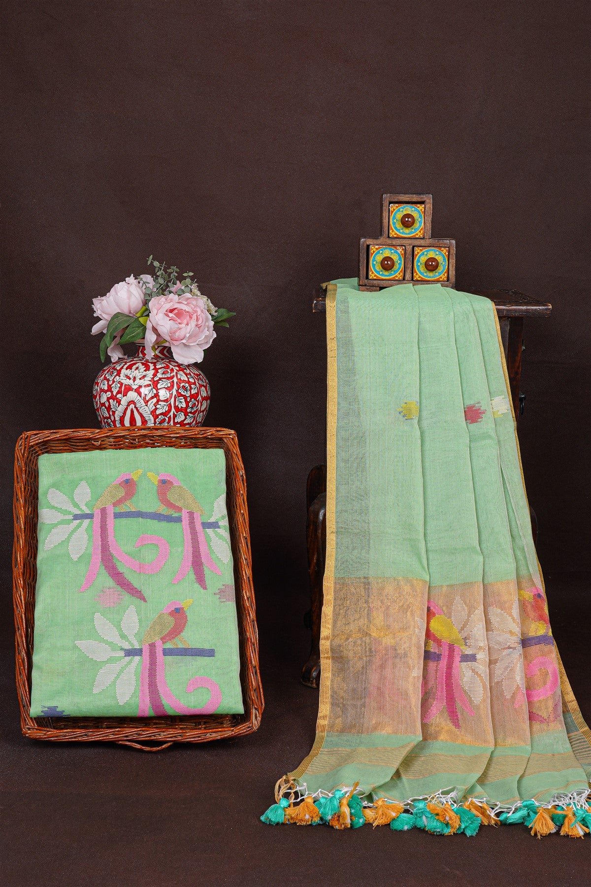 Chanderi Pista Floral Jamdani Dress Material