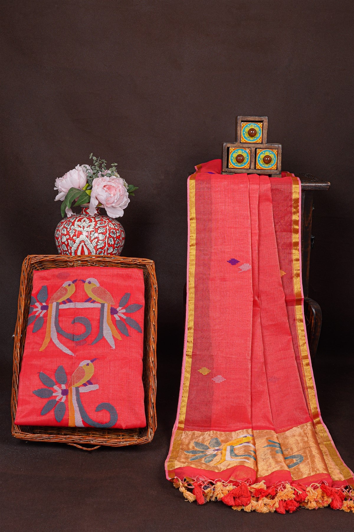 Chanderi Red  Jamdani Dress Material