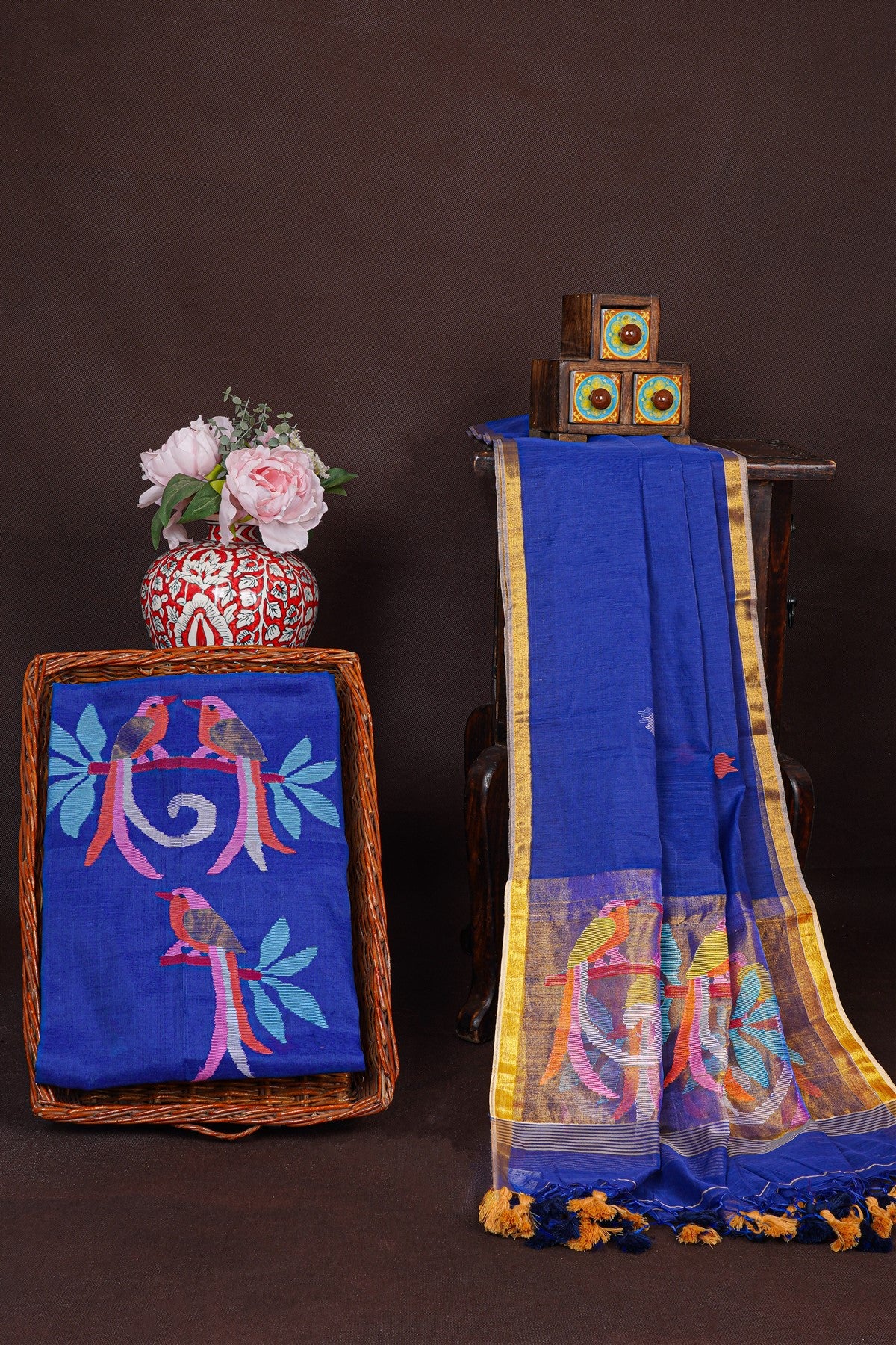 Chanderi Royal Blue Floral Jamdani Dress Material
