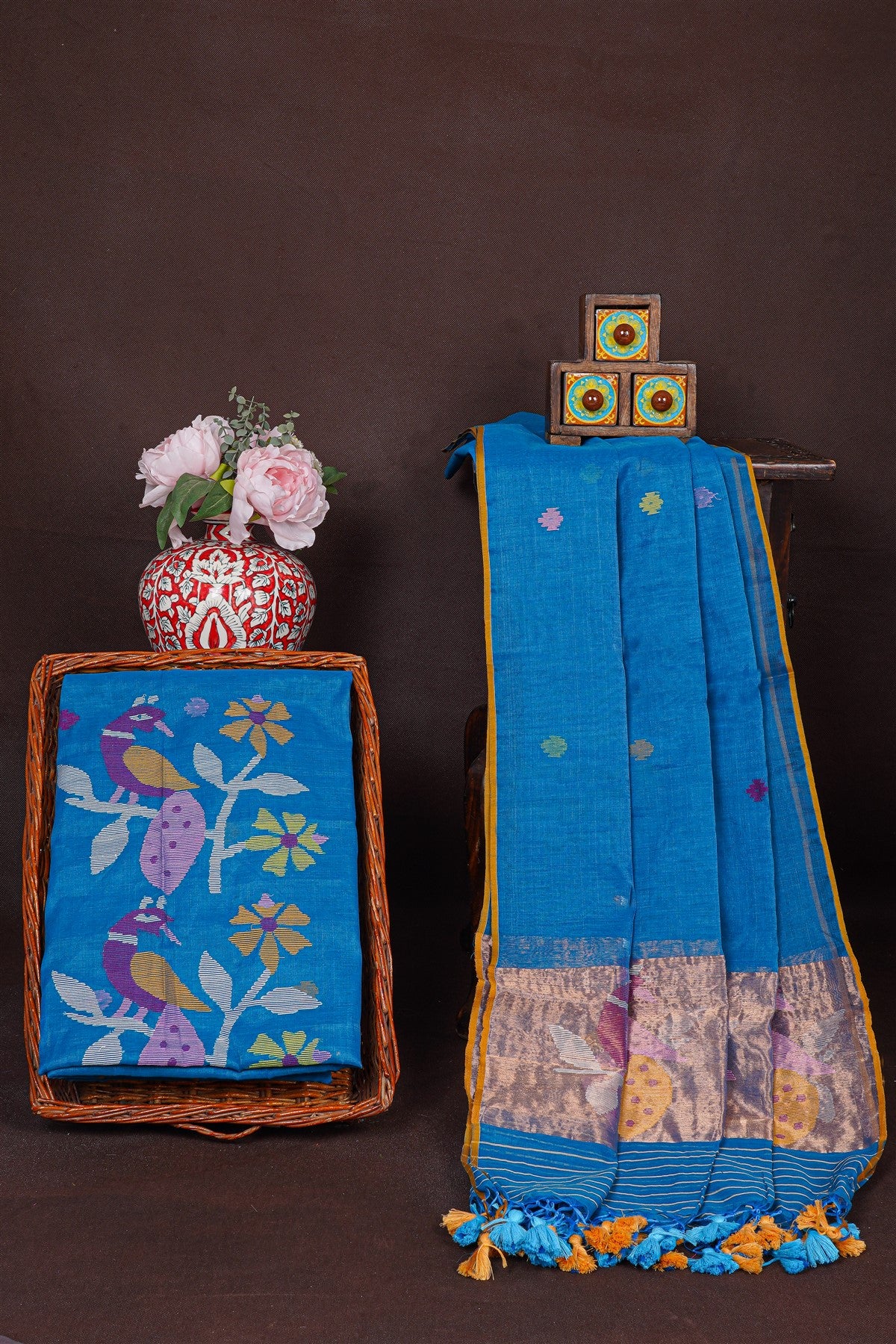 Mul Chanderi Blue Jamdani Dress Material