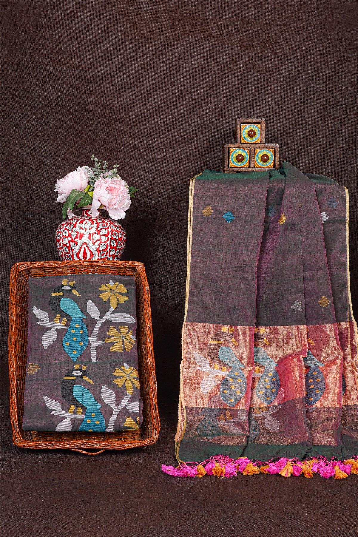 Mul Chanderi Brown Jamdani Dress Material
