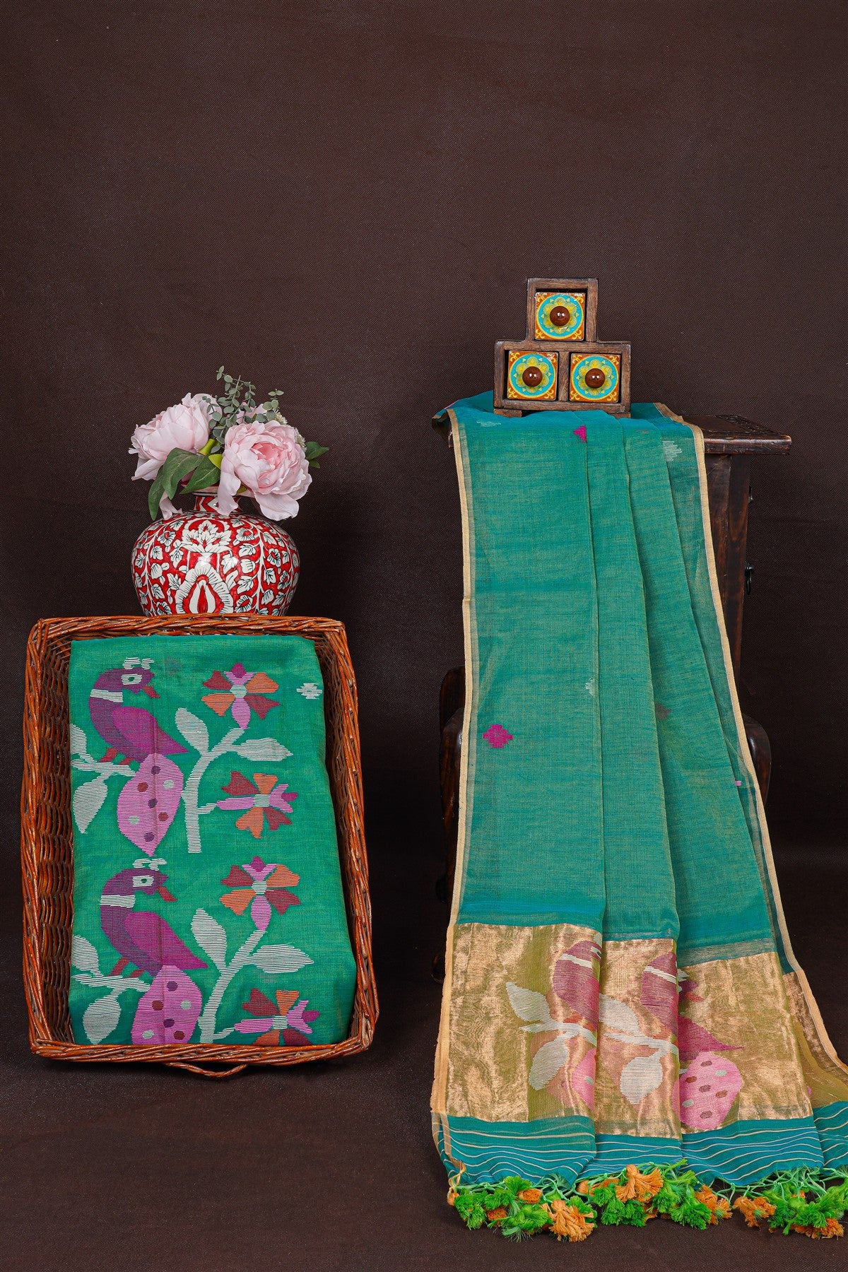 Mul Chanderi Green Jamdani Dress Material