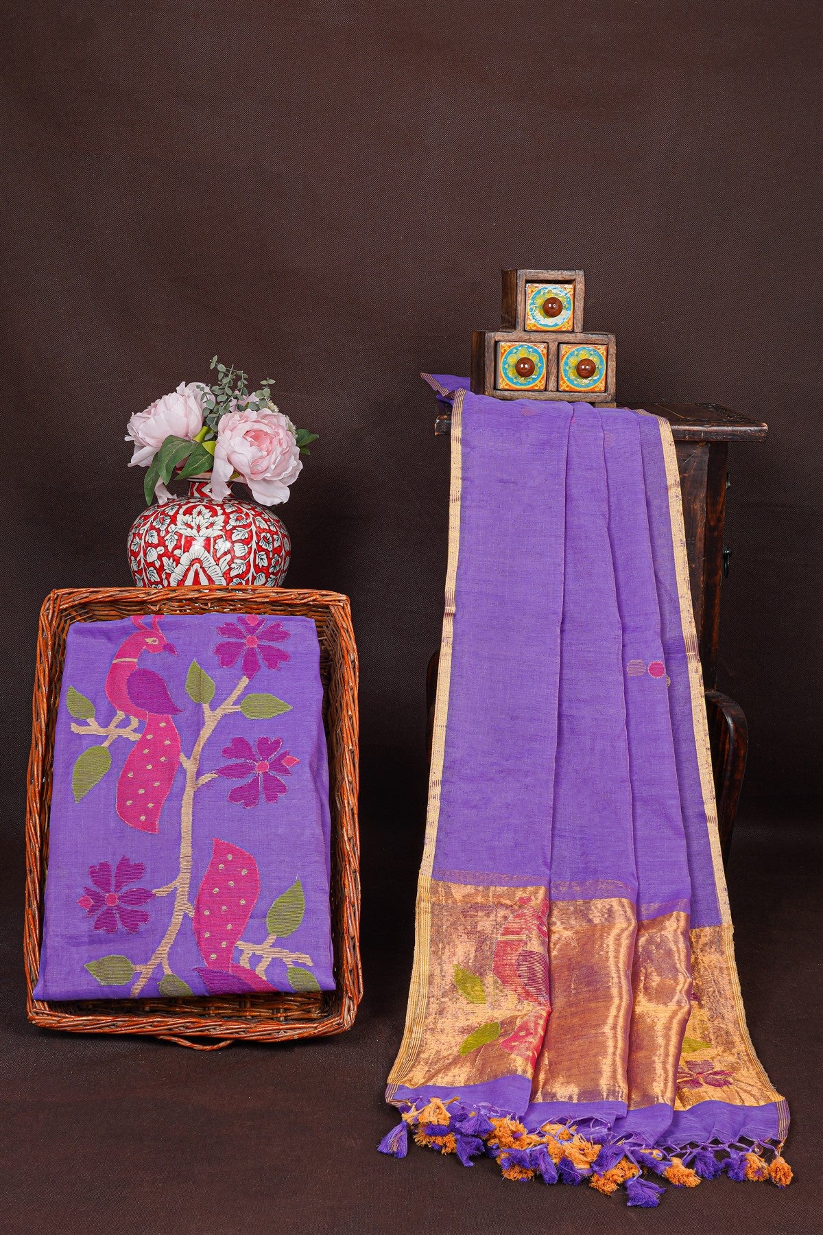 Mul Chanderi Lavender Jamdani Dress Material