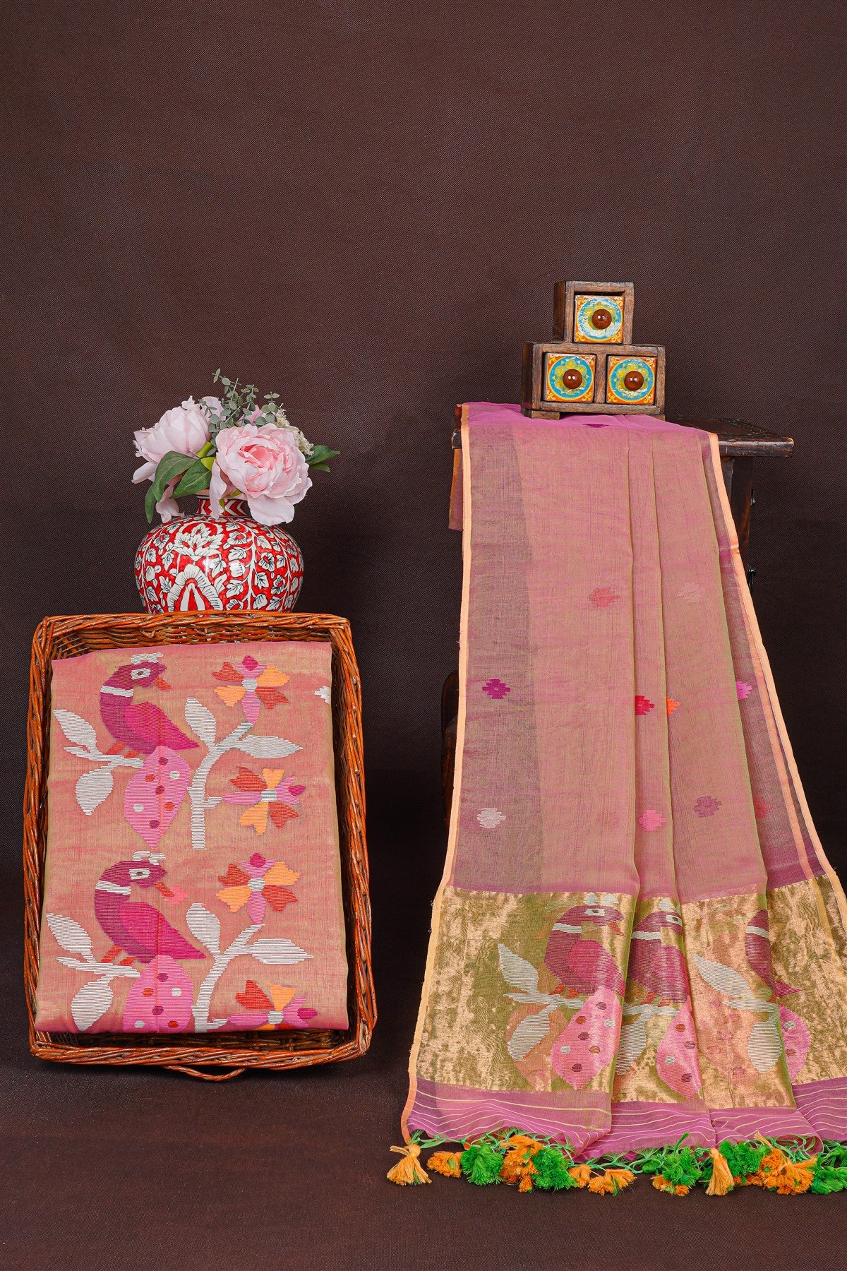 Mul Chanderi Peach Jamdani Dress Material