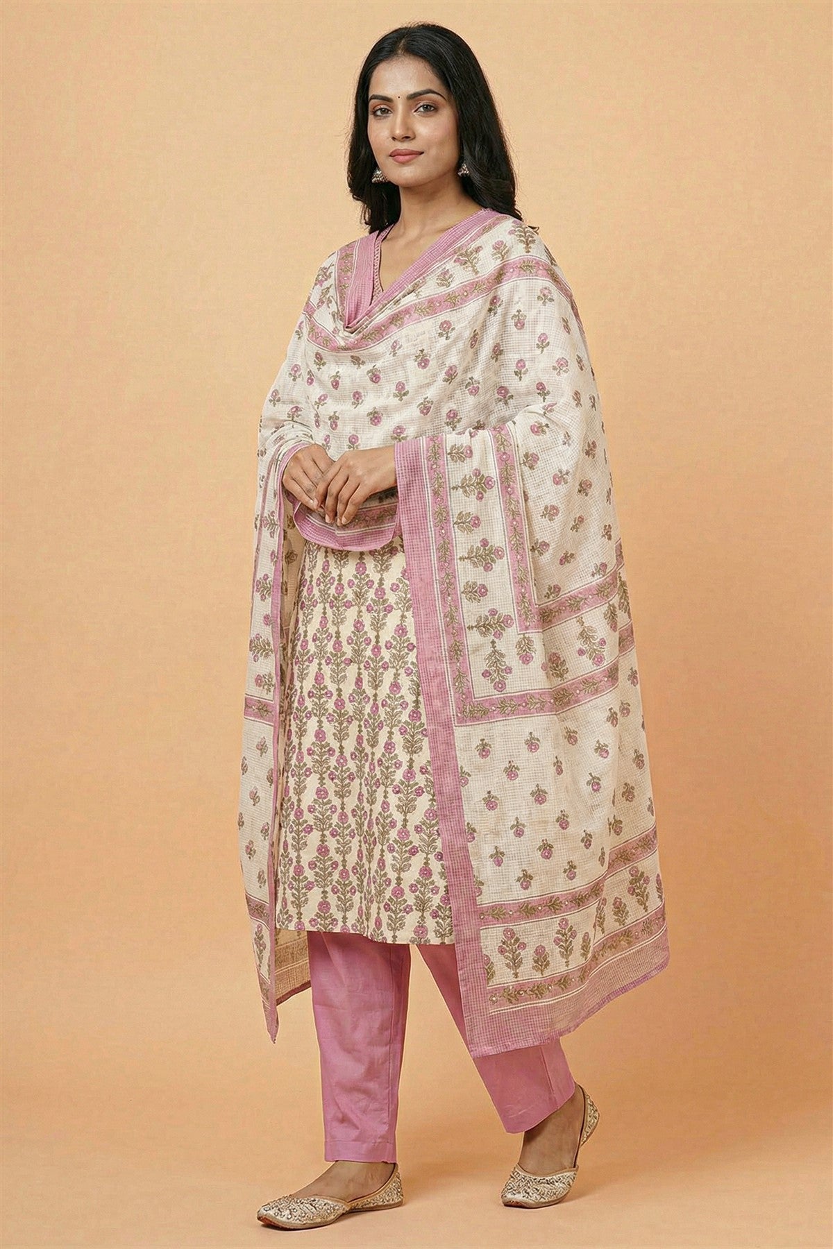 Cotton Printed Lavender Kurti Set With Dupatta