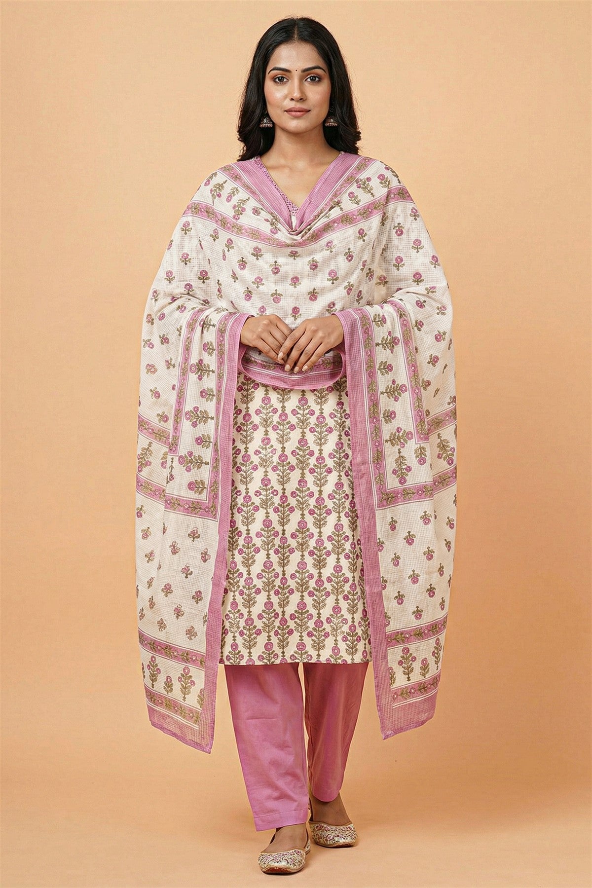 Cotton Printed Lavender Kurti Set With Dupatta