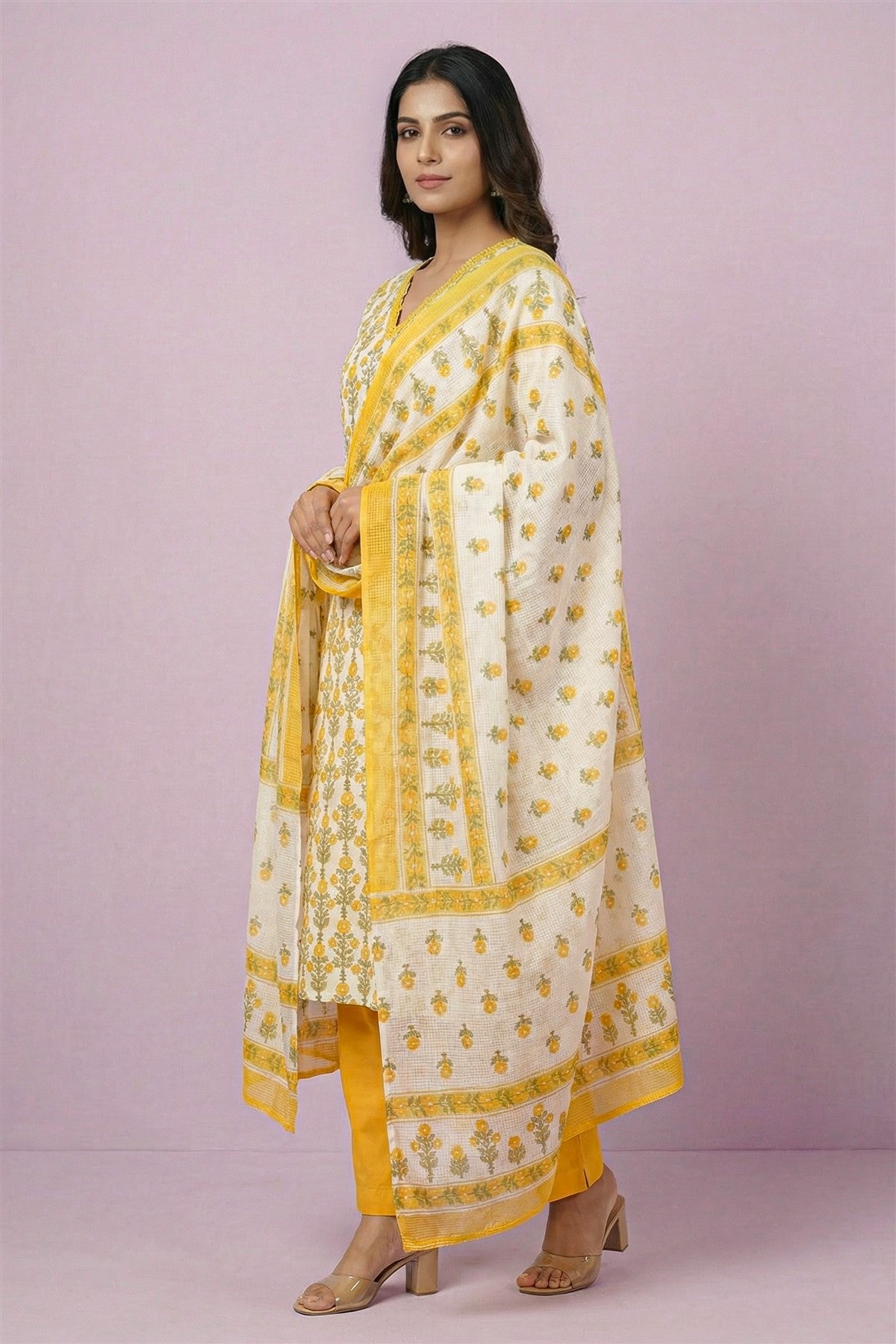 Cotton Printed Lemon Yellow Kurti Set With Dupatta