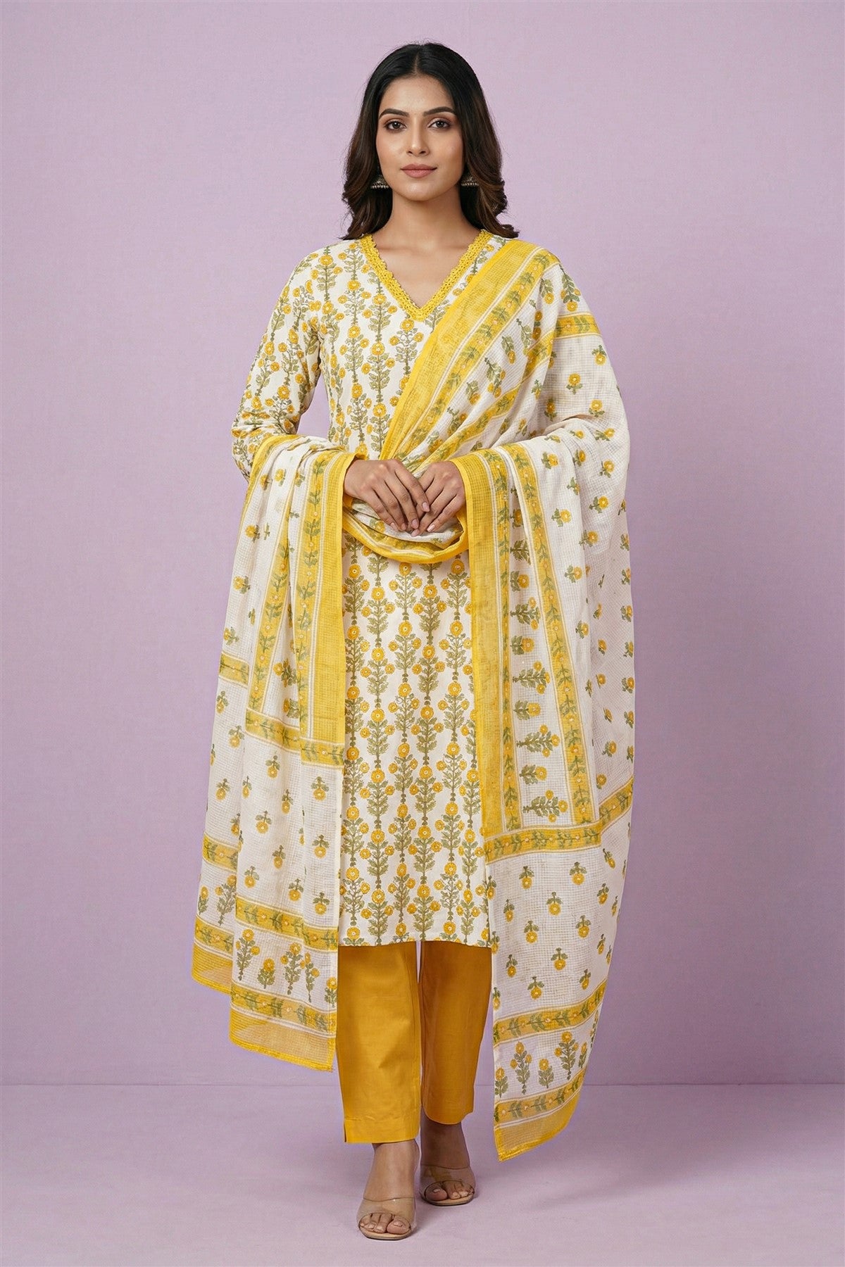 Cotton Printed Lemon Yellow Kurti Set With Dupatta