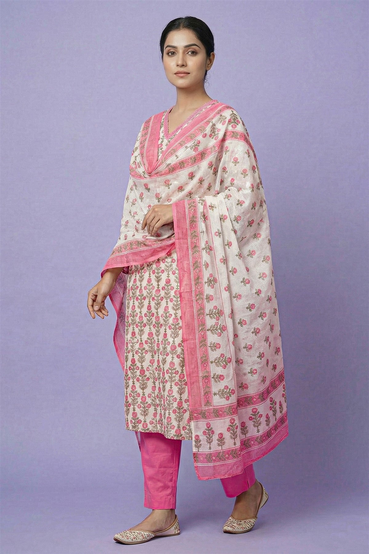 Cotton Printed Pink Kurti Set With Dupatta