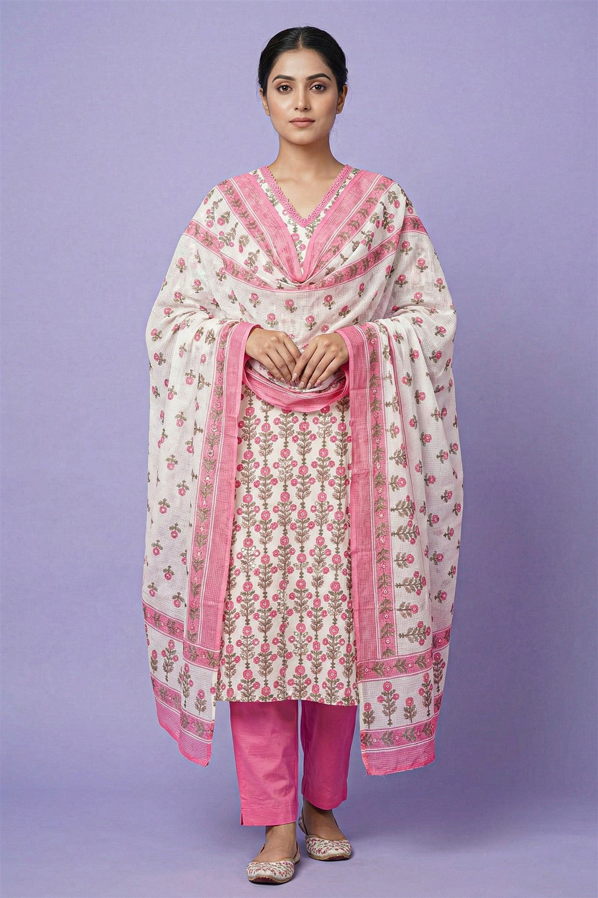 Cotton Printed Pink Kurti Set With Dupatta