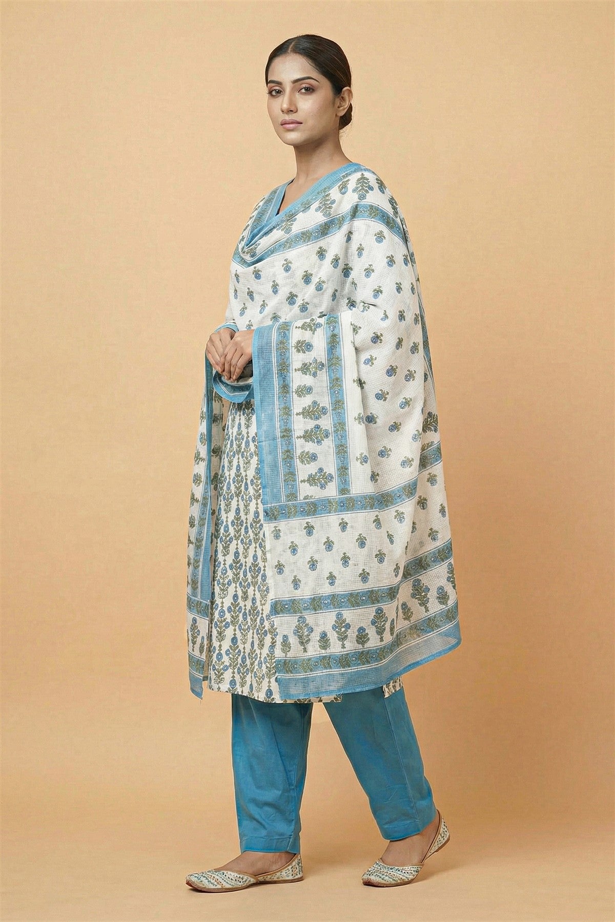 Cotton Printed Teal Kurti Set With Dupatta