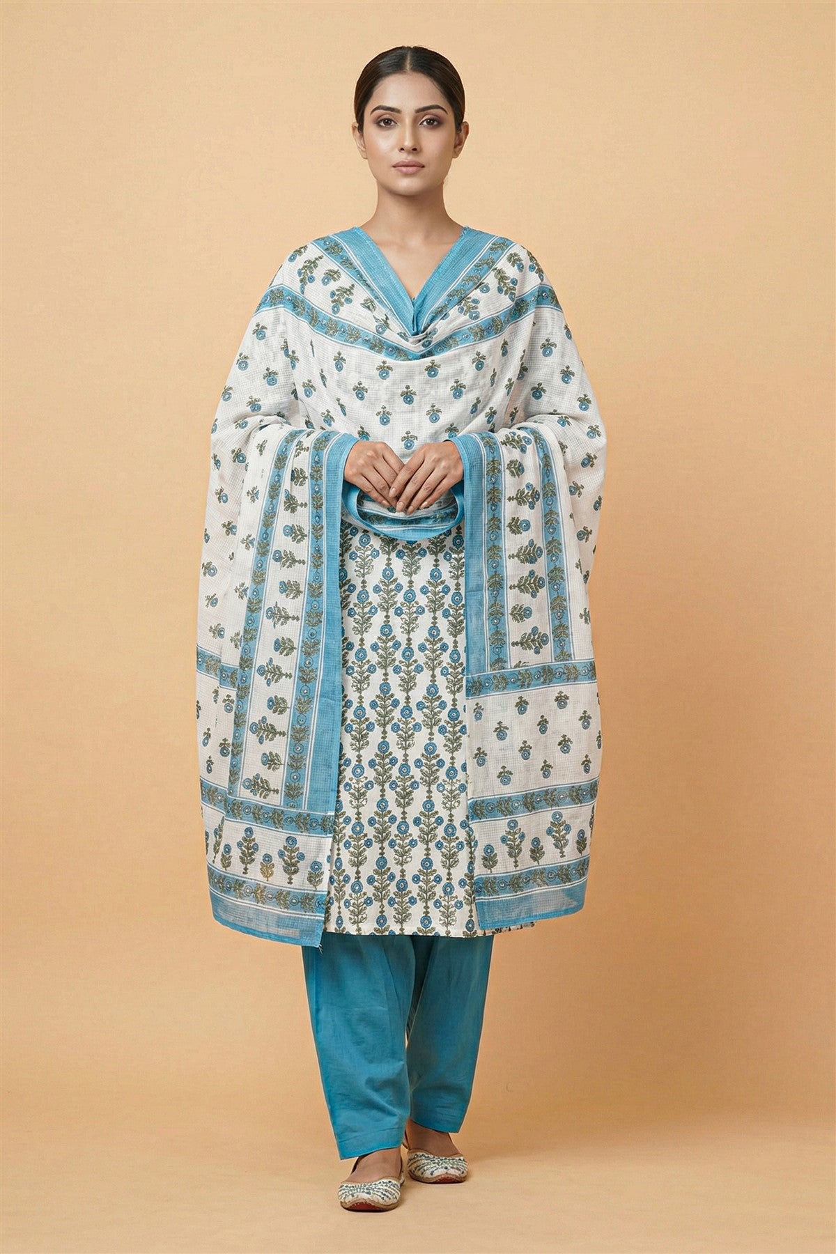Cotton Printed Teal Kurti Set With Dupatta