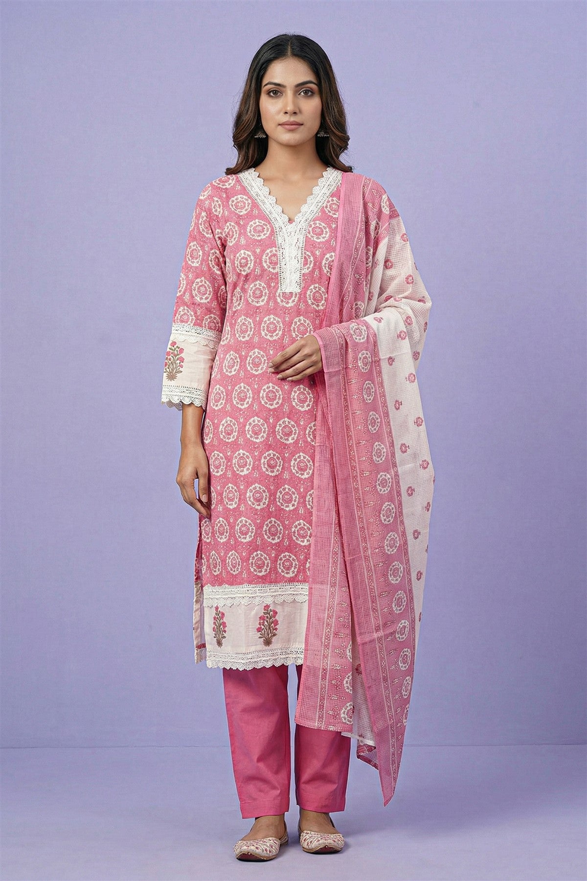 Cotton Printed Dusty Pink Kurti Set With Dupatta