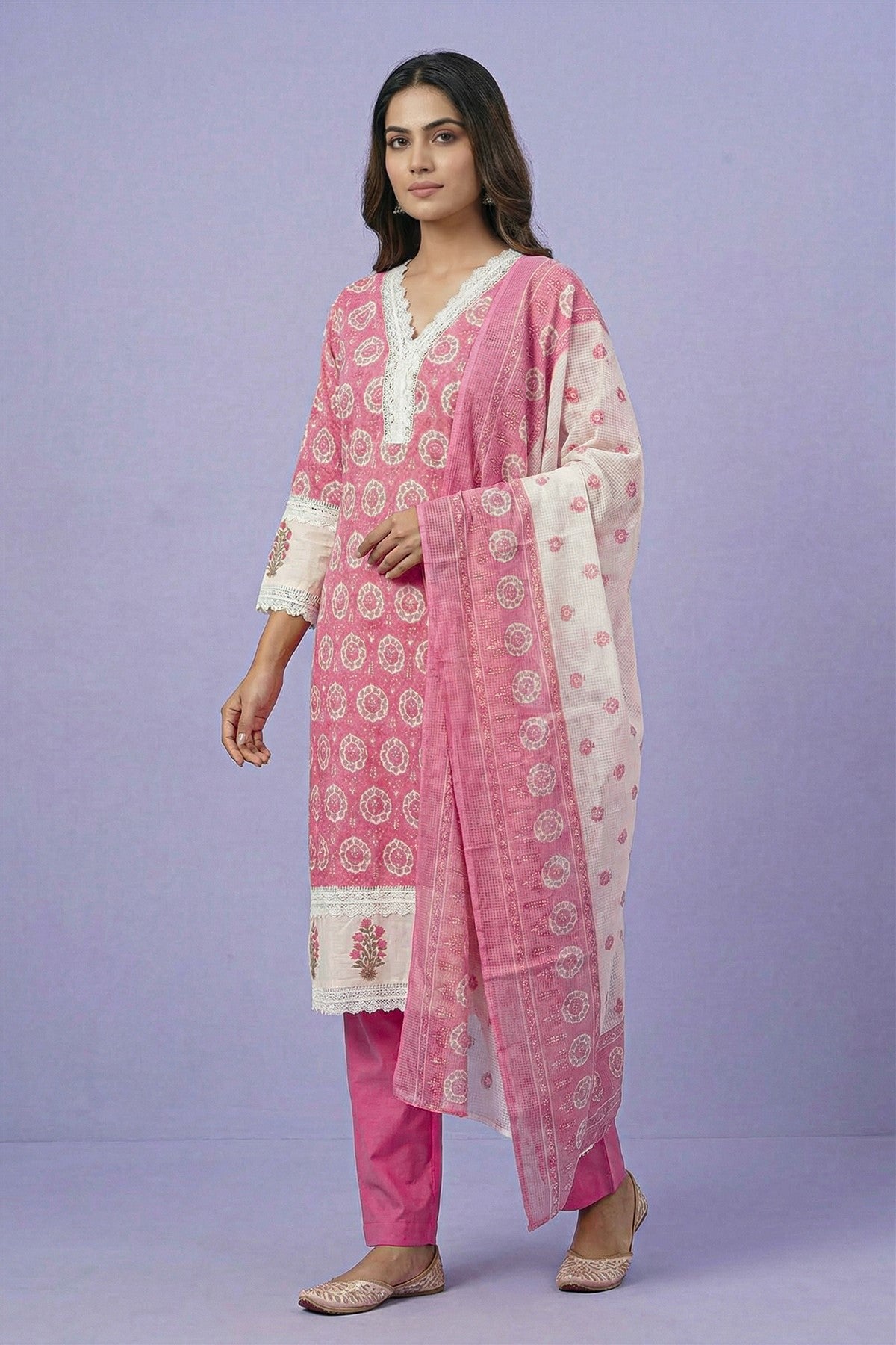 Cotton Printed Dusty Pink Kurti Set With Dupatta
