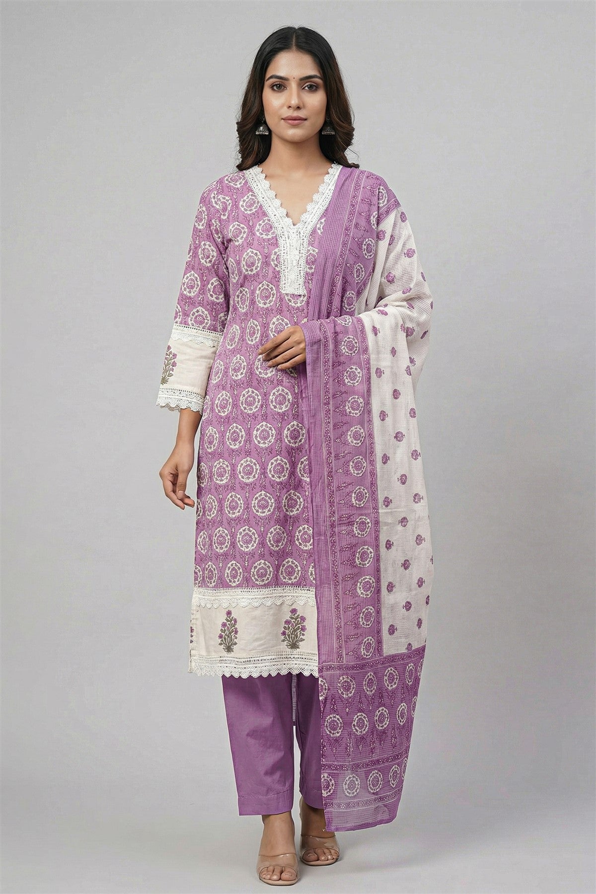 Cotton Printed Lavender Kurti Set With Dupatta
