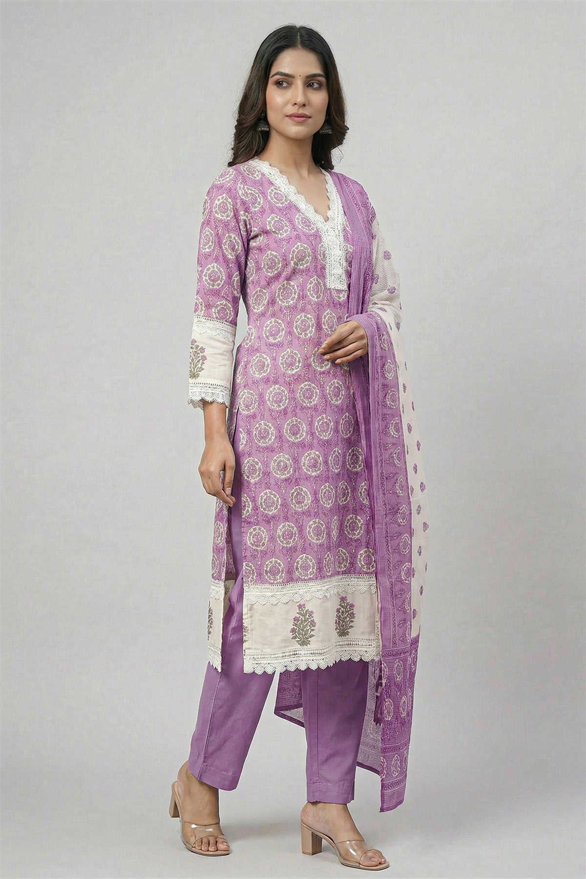 Cotton Printed Lavender Kurti Set With Dupatta