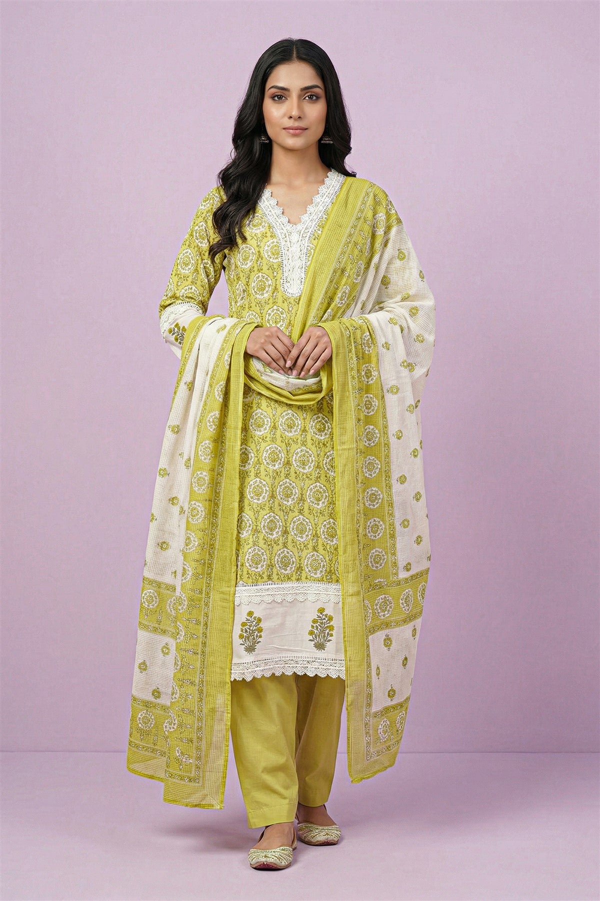 Cotton Printed Olive Green Kurti Set With Dupatta