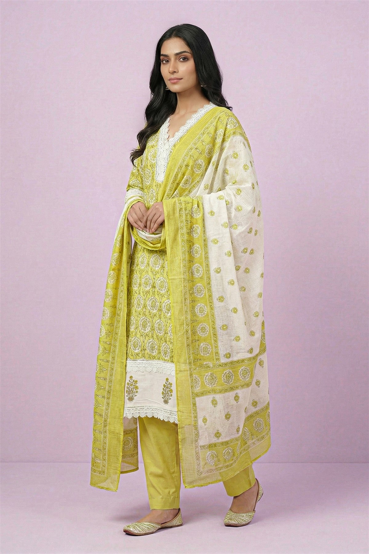 Cotton Printed Olive Green Kurti Set With Dupatta