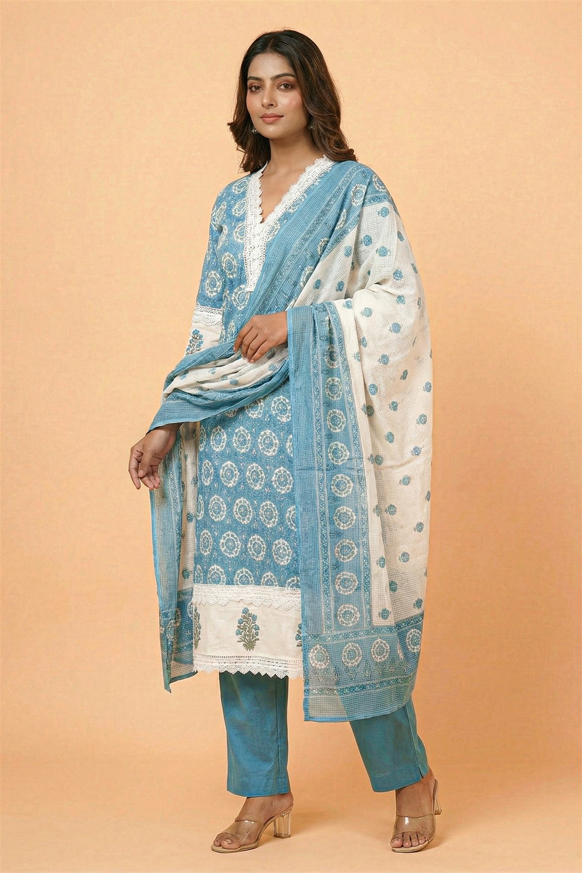 Cotton Printed Teal Kurti Set With Dupatta