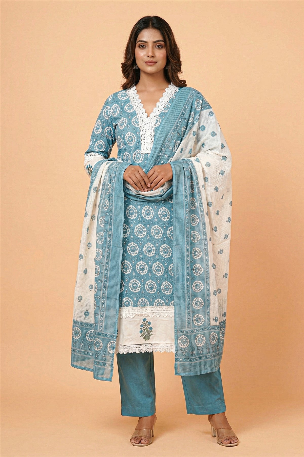 Cotton Printed Teal Kurti Set With Dupatta