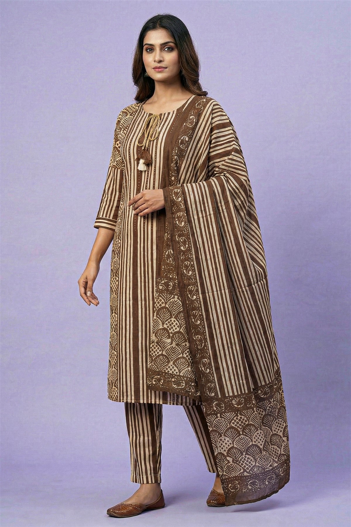 Cotton Brown Printed Kurti Set With Dupatta