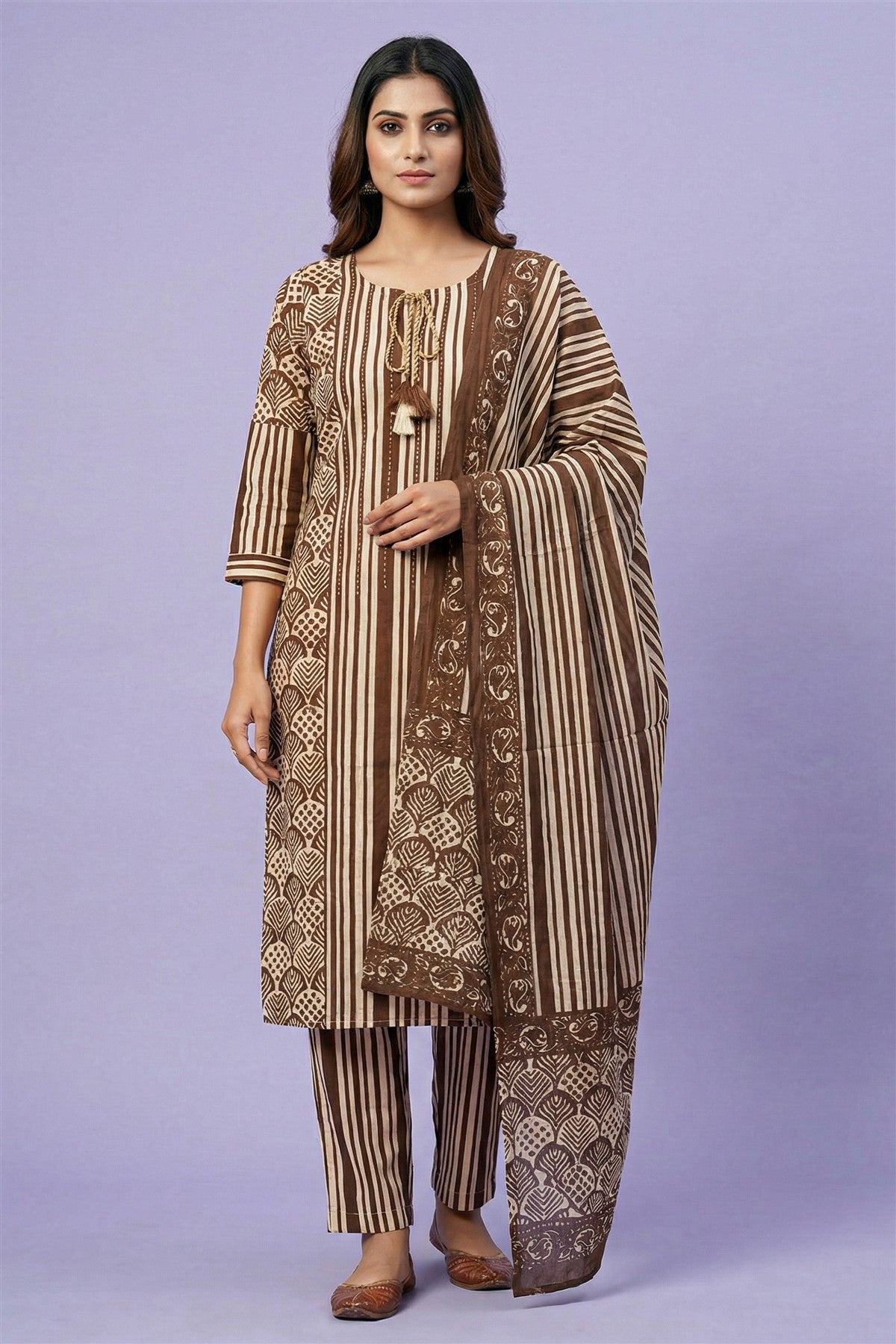 Cotton Brown Printed Kurti Set With Dupatta