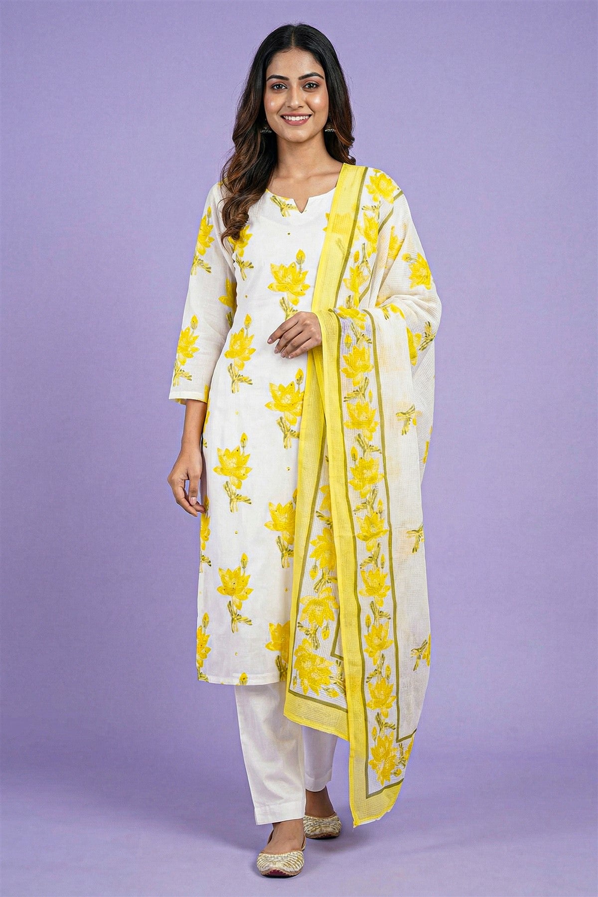 Cotton Printed Yellow Kurti Set With Dupatta