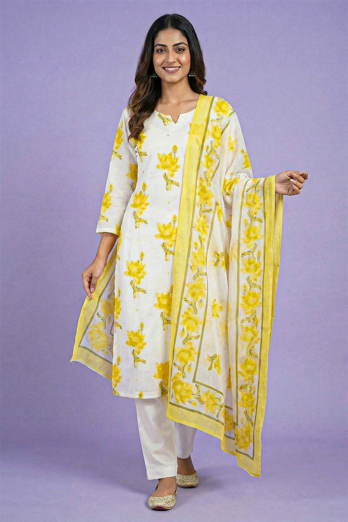 Cotton Printed Yellow Kurti Set With Dupatta