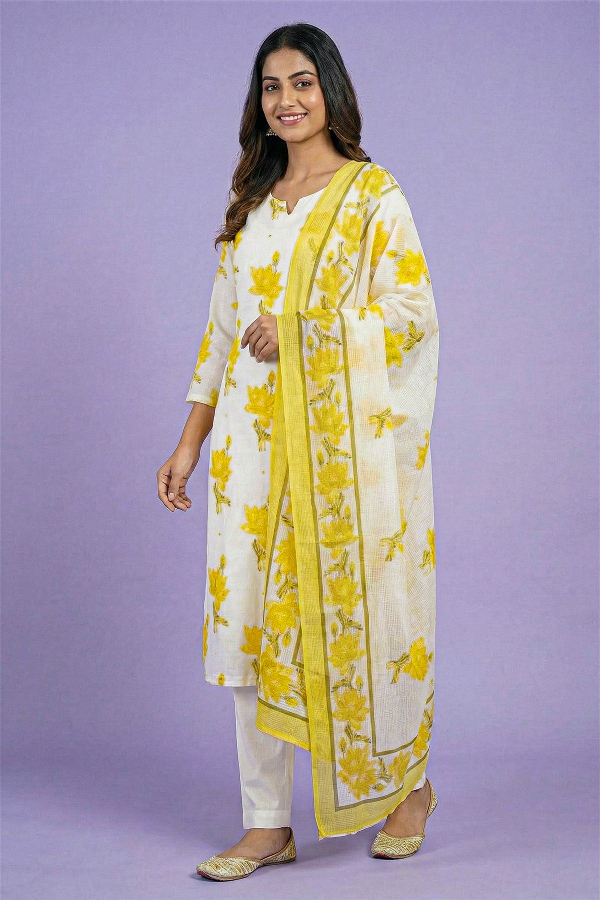 Cotton Printed Yellow Kurti Set With Dupatta