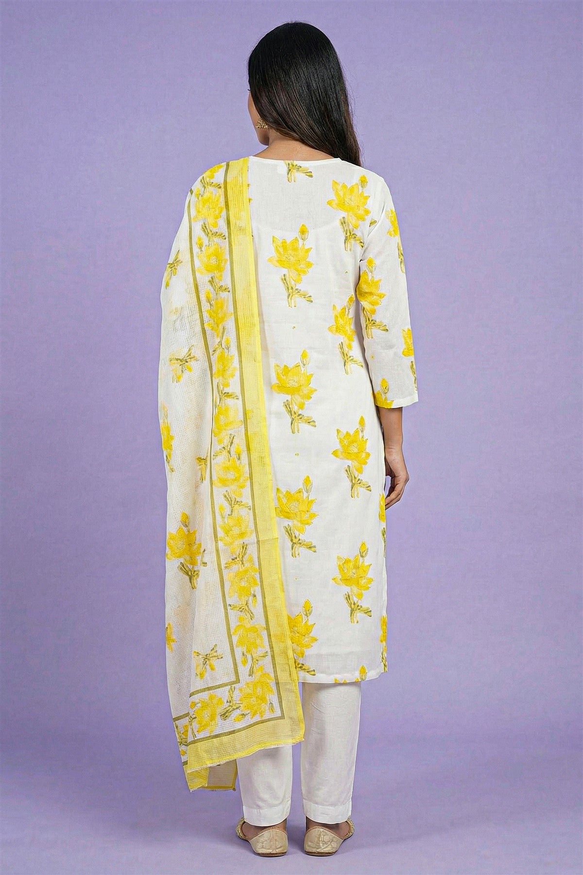 Cotton Printed Yellow Kurti Set With Dupatta