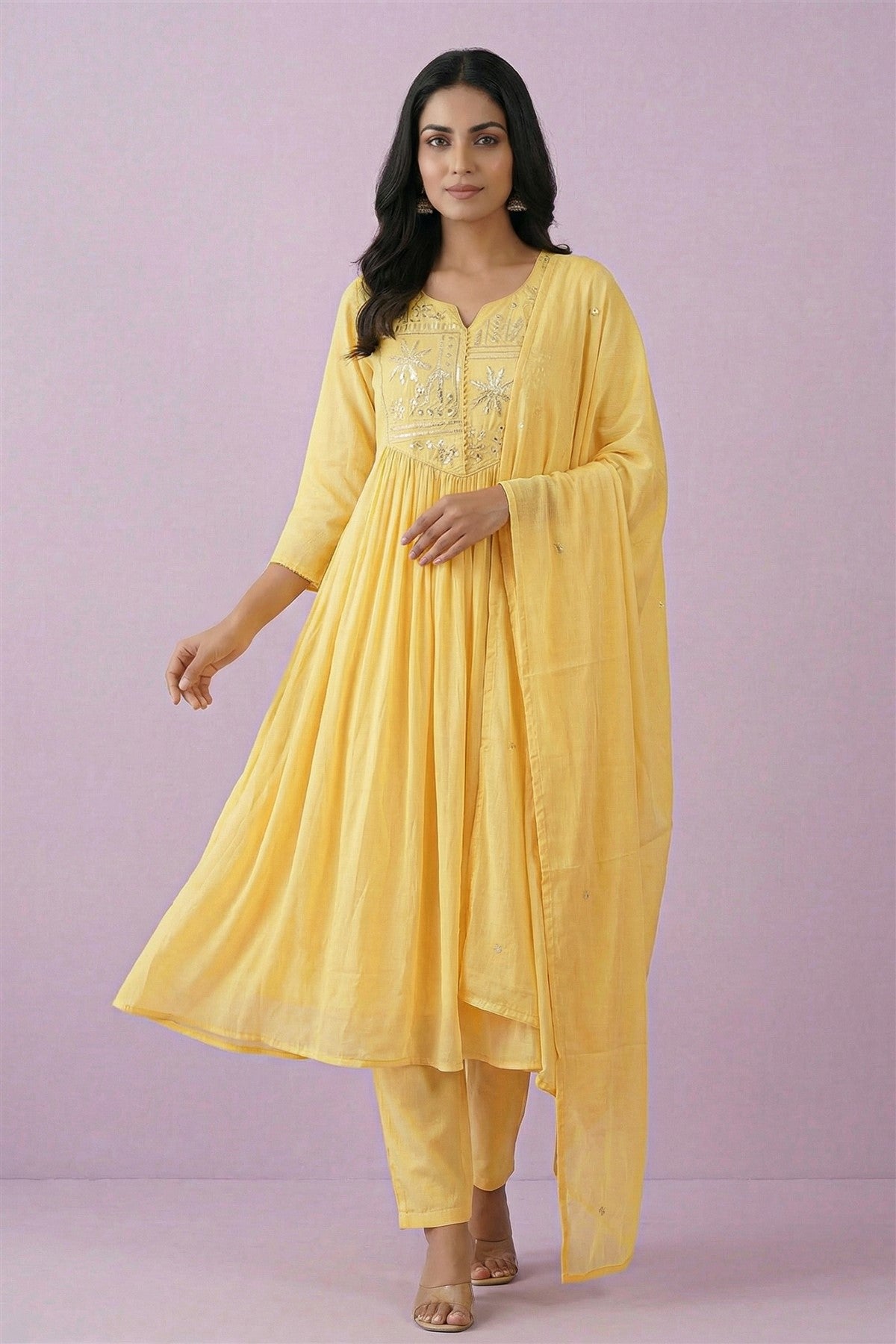 Cotton Embroidered Yellow Kurti Set With Dupatta