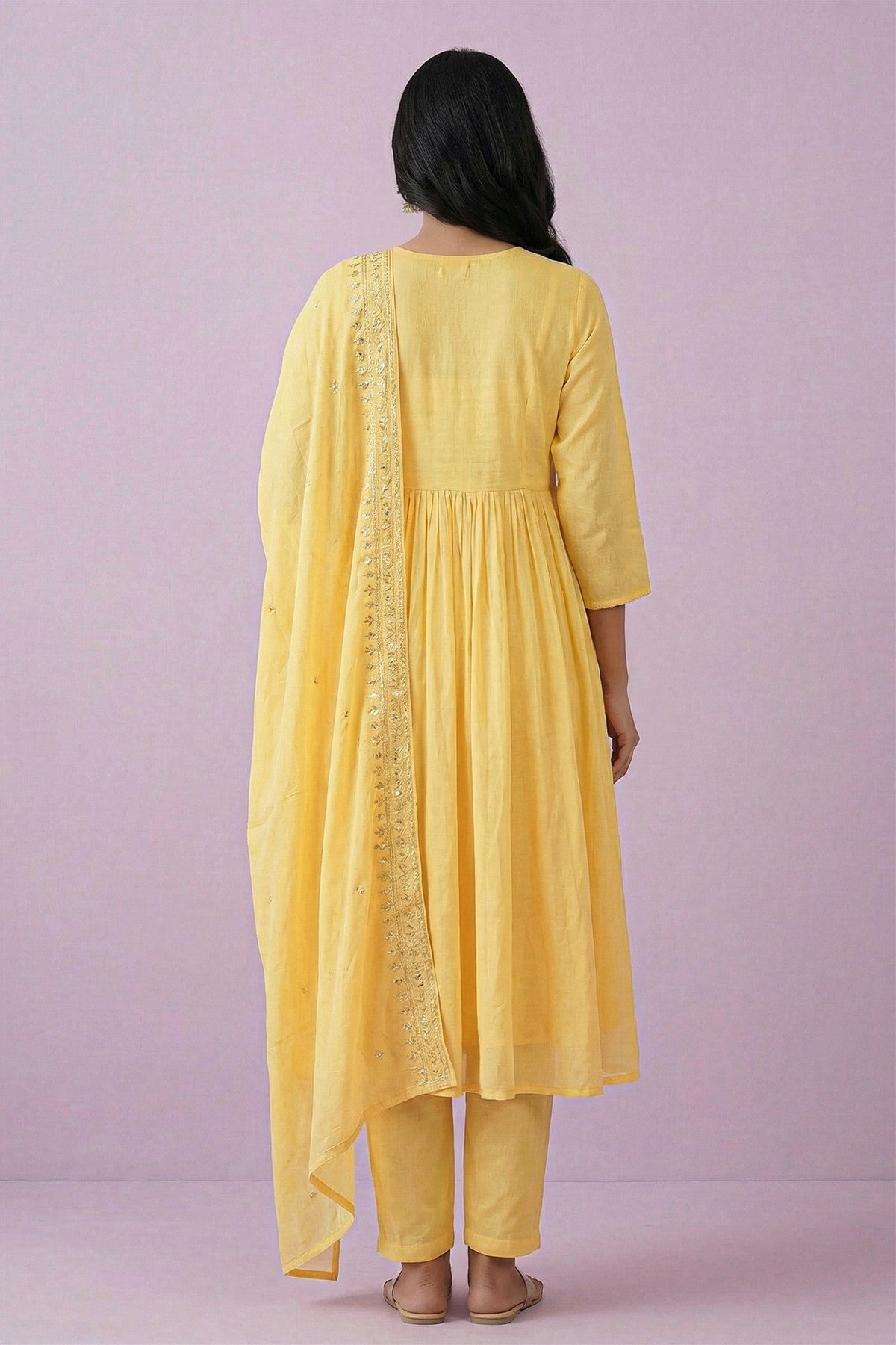 Cotton Embroidered Yellow Kurti Set With Dupatta
