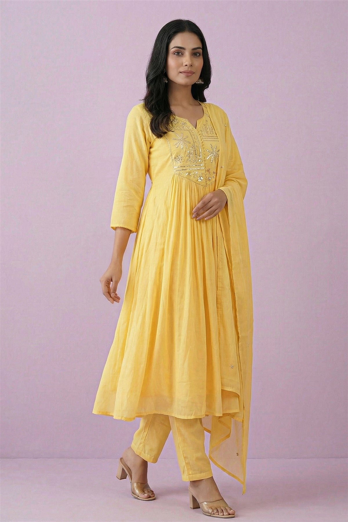 Cotton Embroidered Yellow Kurti Set With Dupatta