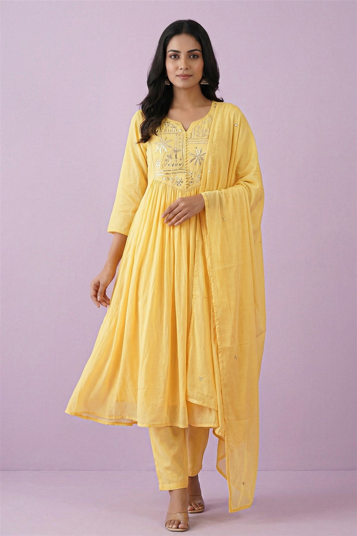 Cotton Embroidered Yellow Kurti Set With Dupatta