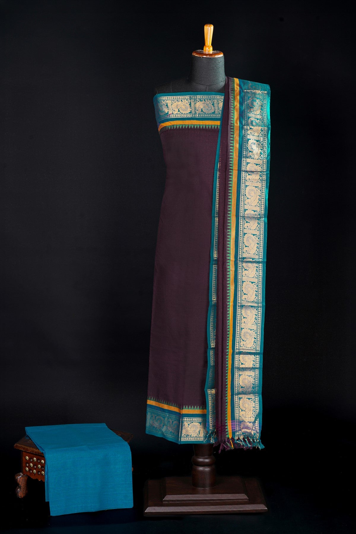 Cotton Wine Zari Border Dress Material