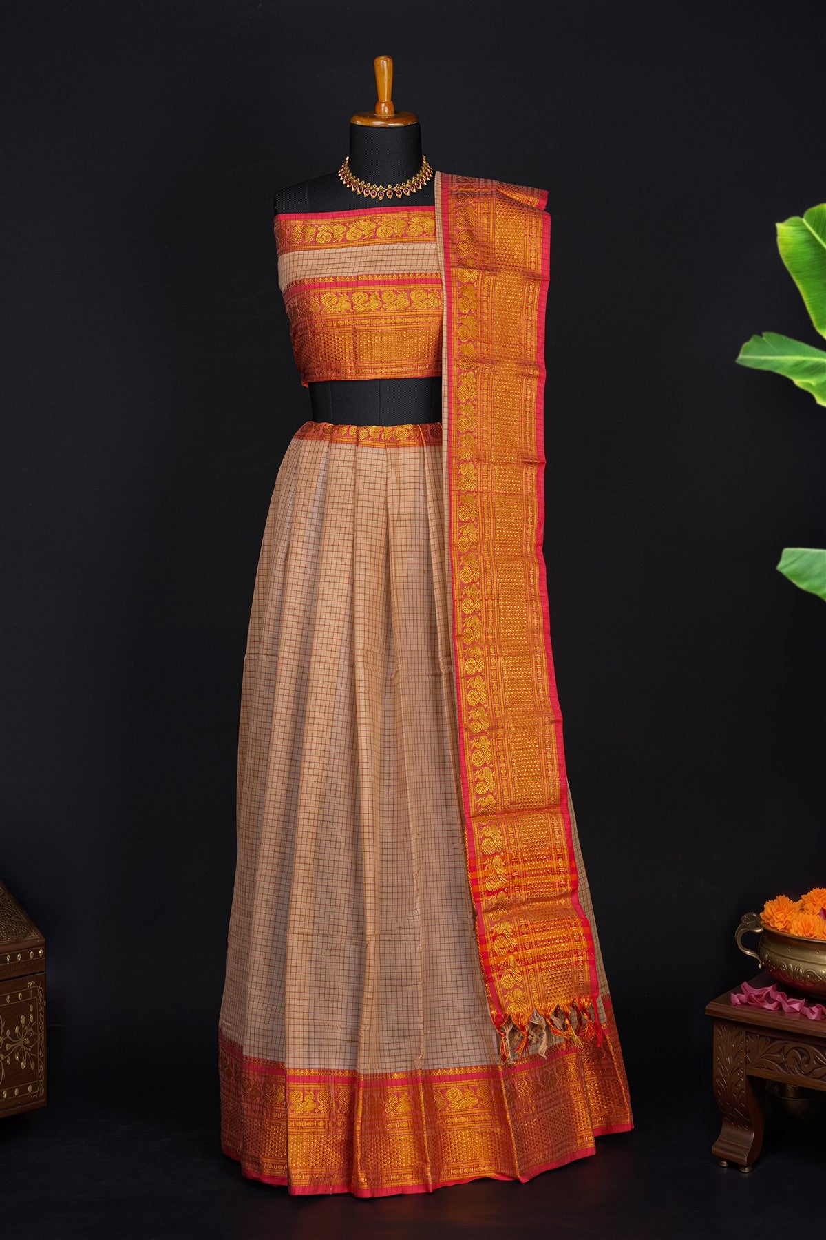 Mul Cotton Beige And Gold Checked Lehenga Set