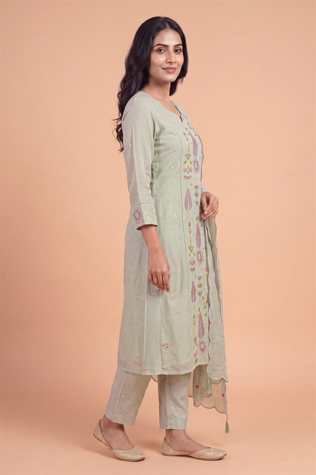 Chanderi Embroidered Light Grey Kurti Set With Dupatta