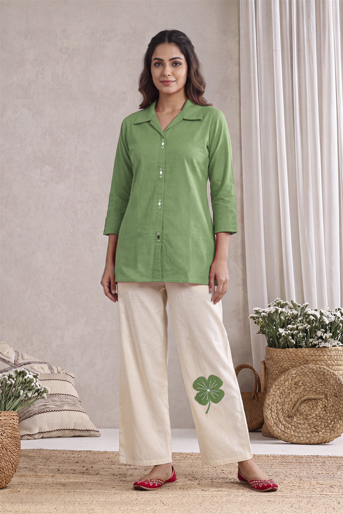 Cotton Embroidered Pista Green Co-ord Set