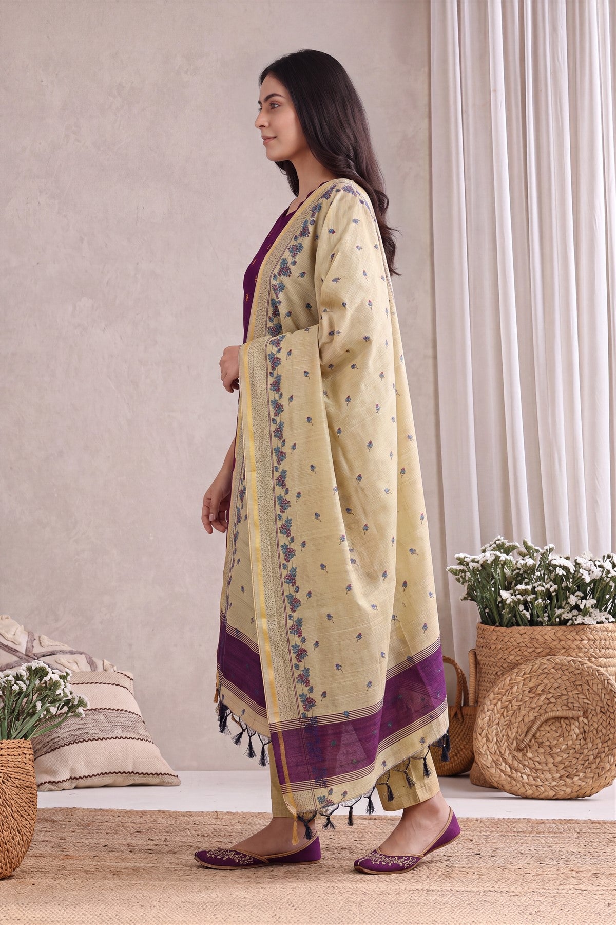 Raw Silk Embroidered Purple Kurti Set With Dupatta