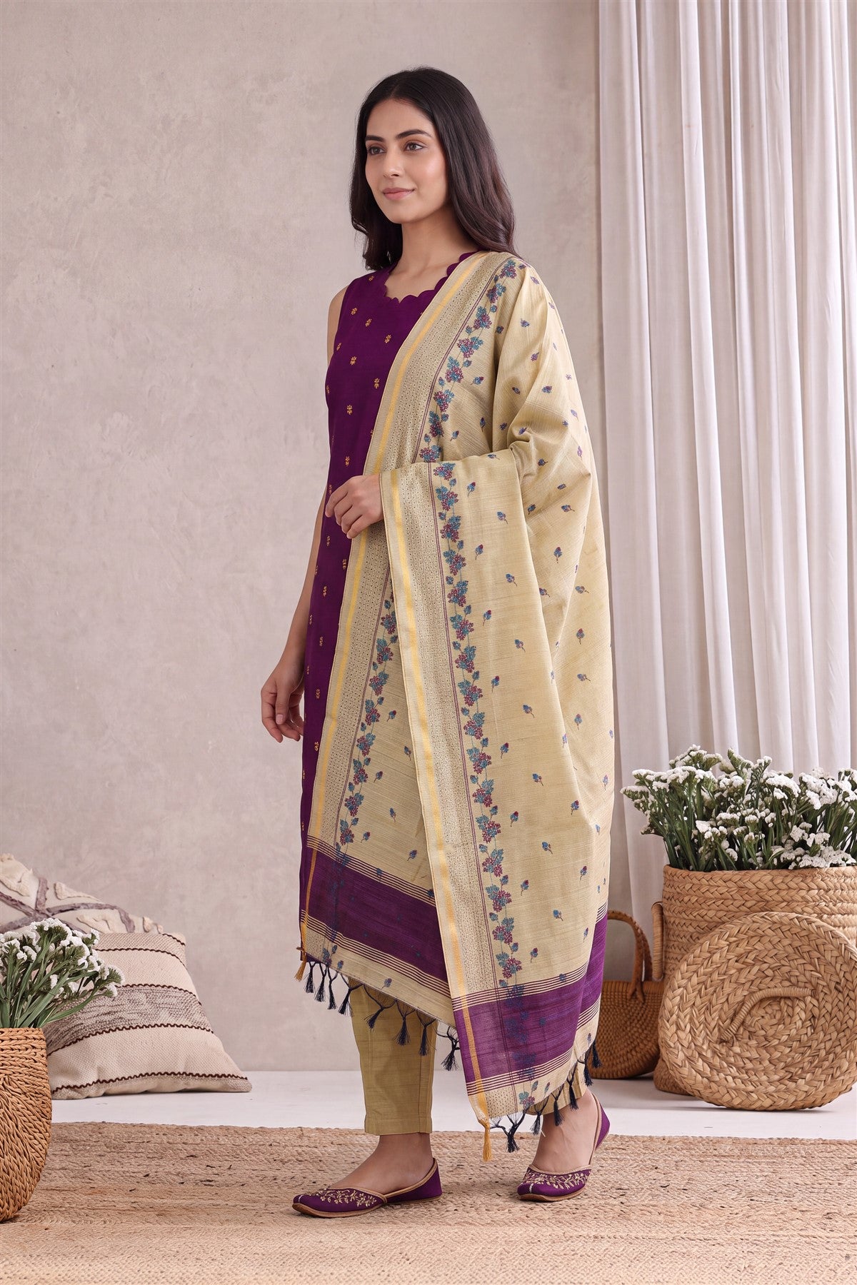 Raw Silk Embroidered Purple Kurti Set With Dupatta