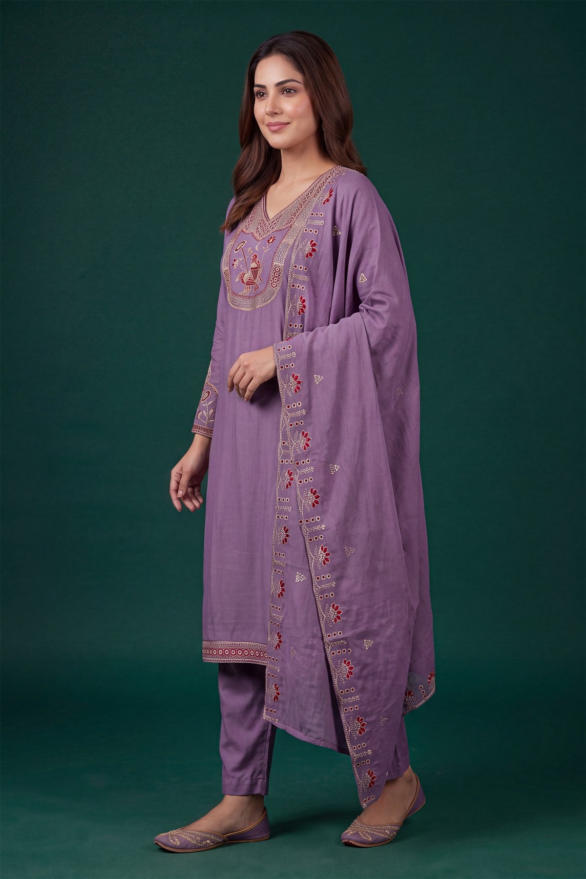 Muslin Embroidered Lavender Kurti Set With Dupatta