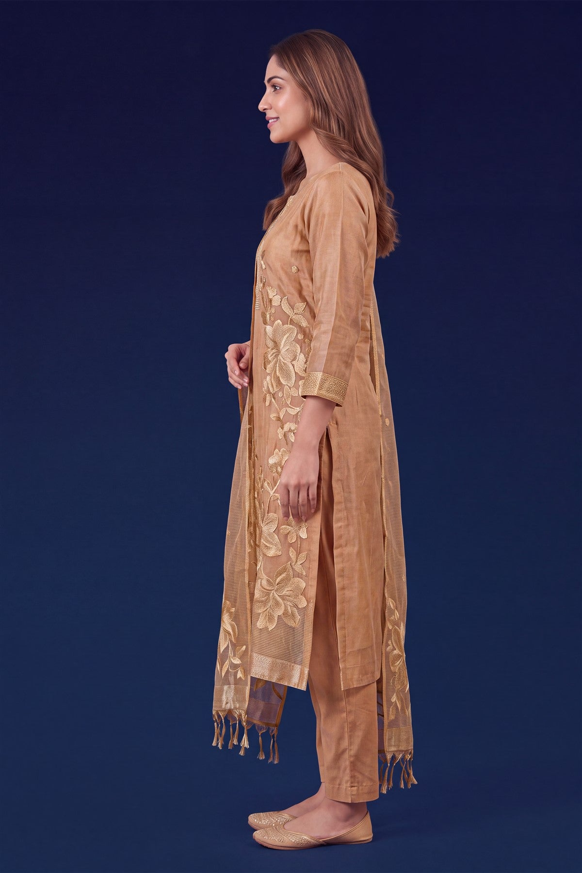 Tissue Silk Embroidered Peach Kurti Set With Dupatta