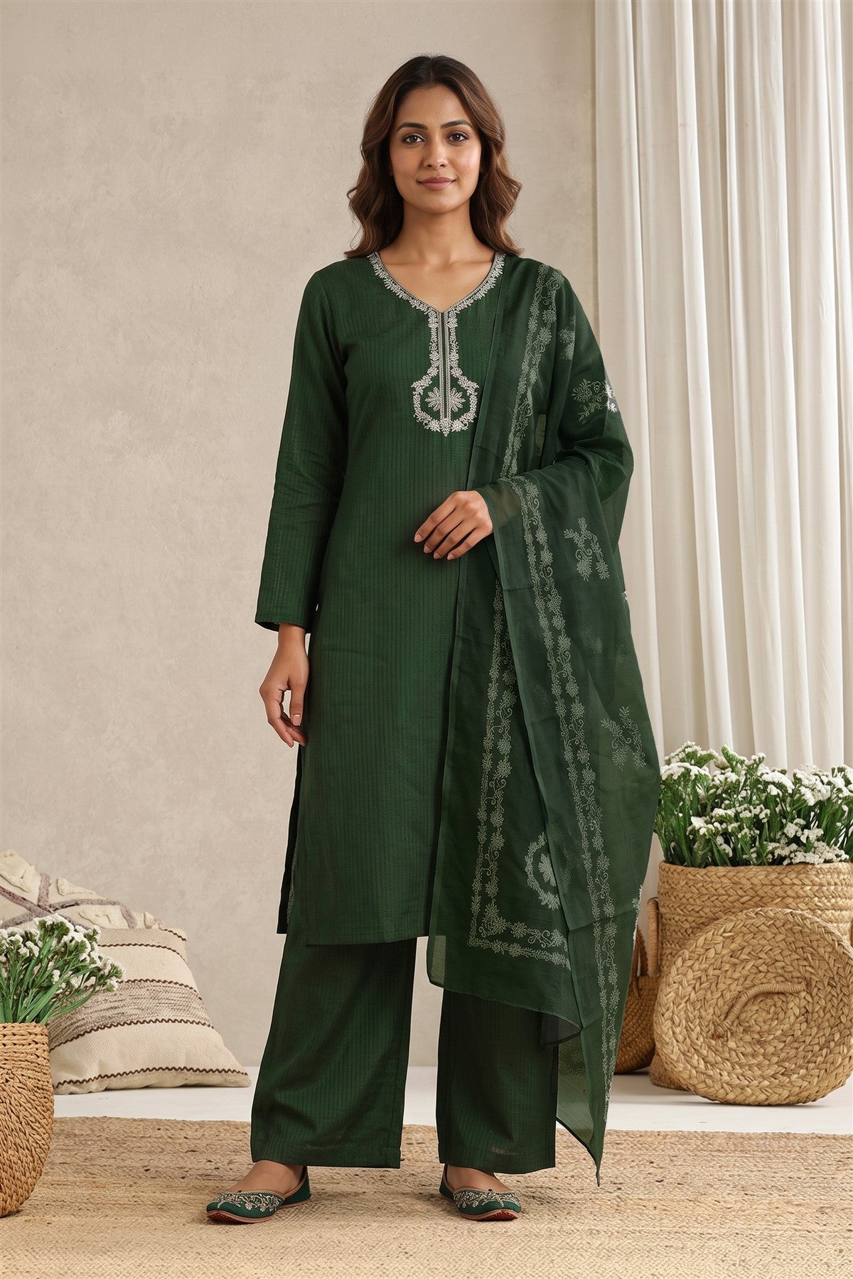 Poly Blend Embroidered Bottle Green Kurti Set With Dupatta