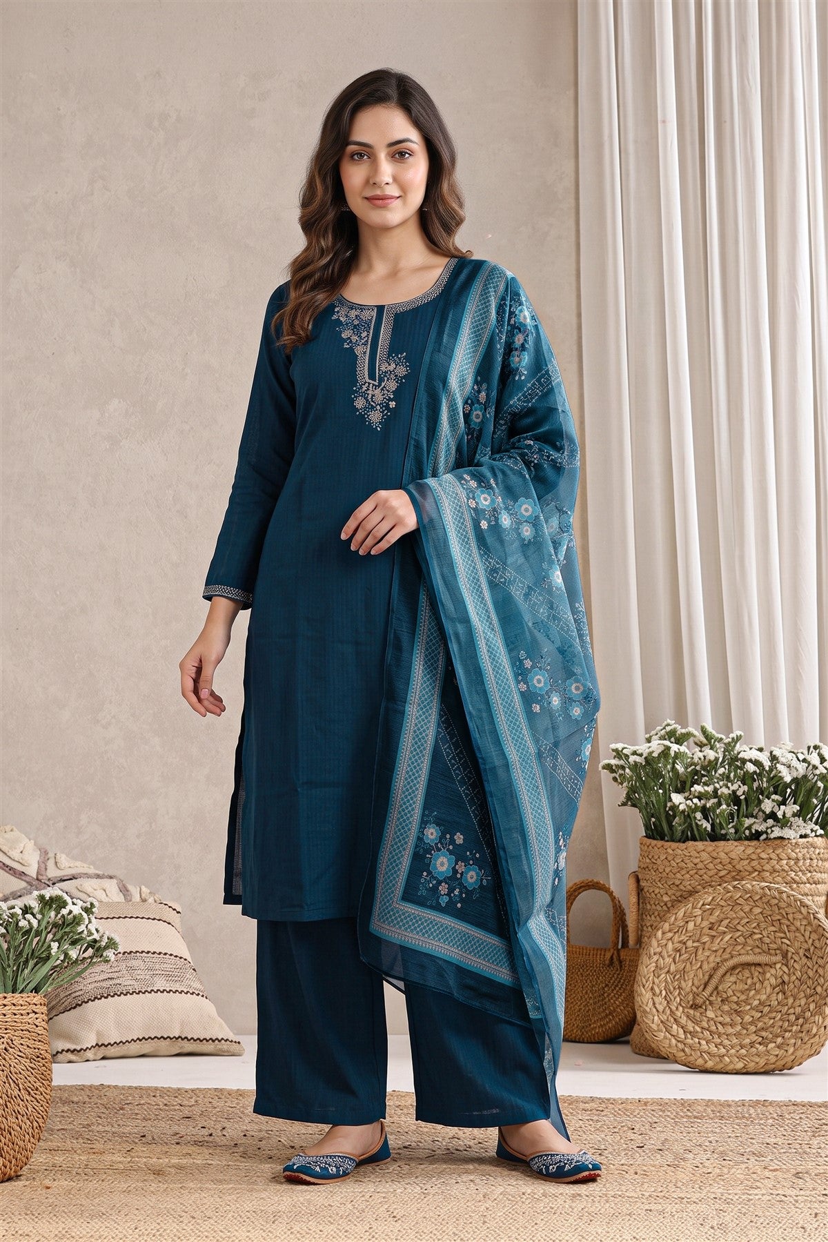 Poly Blend Embroidered Navy Blue Kurti Set With Dupatta