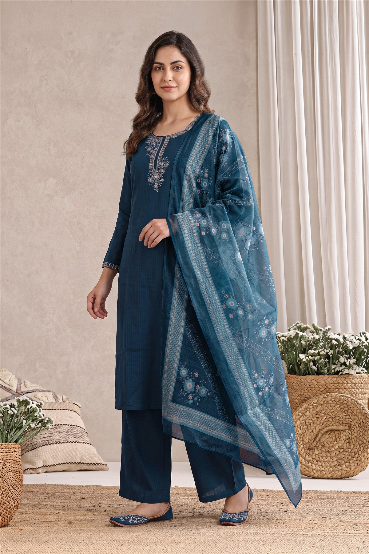 Poly Blend Embroidered Navy Blue Kurti Set With Dupatta