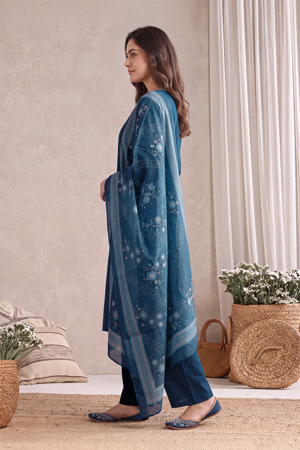 Poly Blend Embroidered Navy Blue Kurti Set With Dupatta