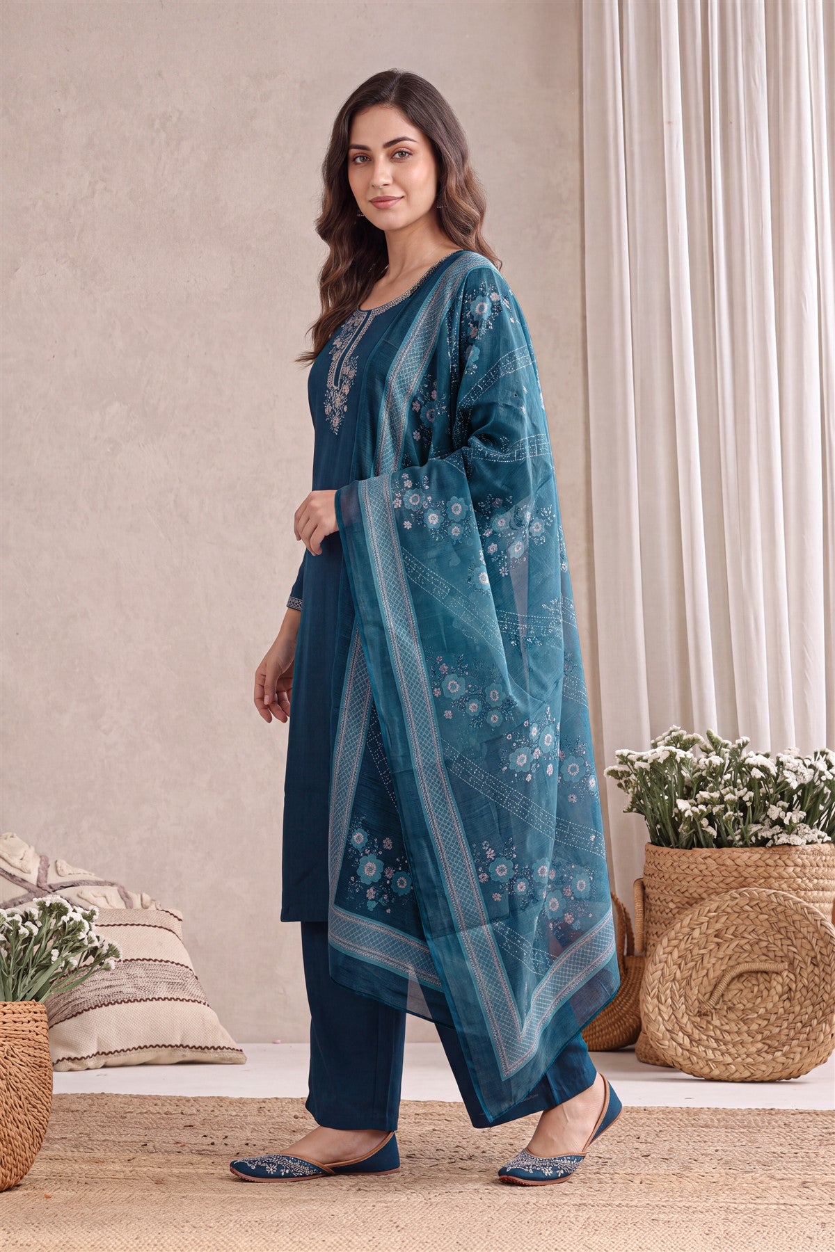 Poly Blend Embroidered Navy Blue Kurti Set With Dupatta